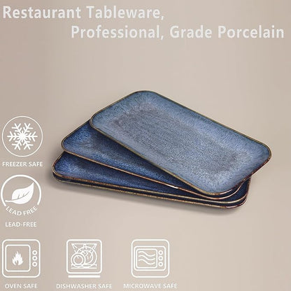 Porcelain Dinner Plates set dessert salad dish Set of 4,Main Dish for Steak,Bread, Pasta,Salad, Microwave Oven and Dishwasher Safe,Scratch Resistant Reusable 9.8 INCH Rectangular