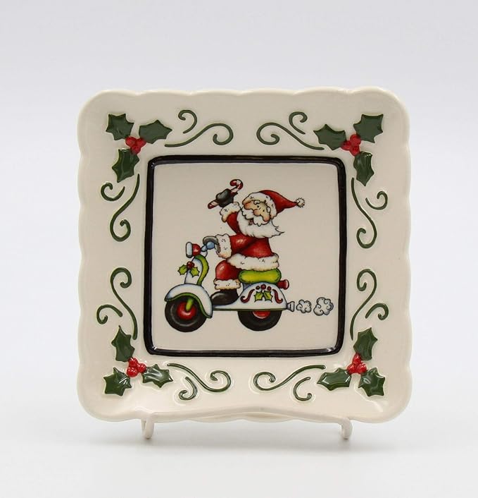 Fine Ceramic Santa Riding Moped Scooter Dessert Appetizer Square Plates Set of 3 (3 pieces Set), 5-1/2"