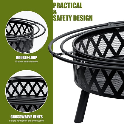 EcoNook 42 Inch Wood Burning Fire Pit with 2 Loops, Outdoor Fire Pit with Spark Screen & Fire Poker, Cross Weave Firepit for Outside Fireplace Bonfire for Yard,Patio, Garden