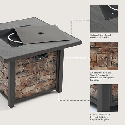 YATEMATE 36'' Propane Gas Fire Pit Table, Sintered Stone Tabletop & Polyresin Stone Look Panel, 50000 BTU Gas Fire Pit for Outside Patio and Garden, with Metal Lid & Lava Rocks