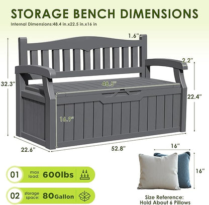 Greesum 80 Gallon Outdoor Storage Bench, Resin Patio Furniture with Armrest,Waterproof and UV-Resistant, Perfect to Garden, Poolside and Lawn, Dark Grey
