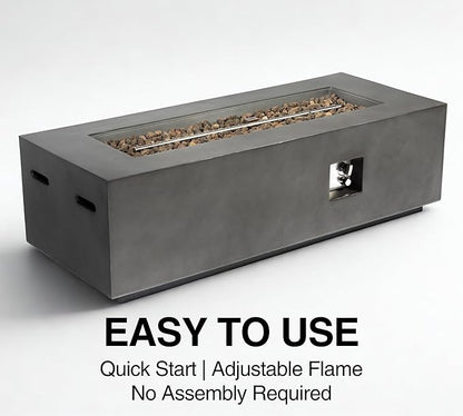 HillAethel 60-Inch Rectangular Propane Fire Pit Table, 60,000 BTU Concrete Outdoor Gas Fire Pit Table with Waterproof Cover, Tank Seat, Free Lava Rocks, for Outside Patio Backyard, Dark Grey