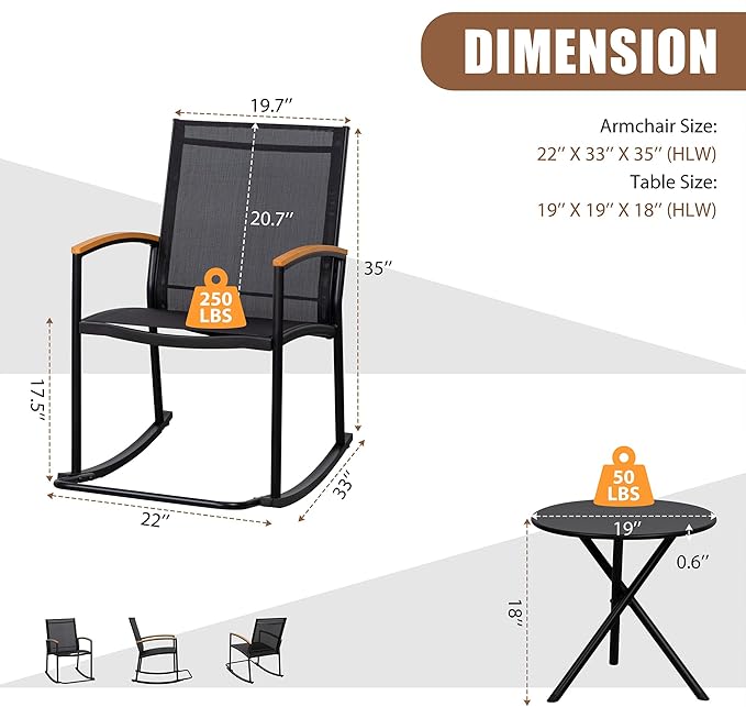 Shintenchi 3 Piece Outdoor Rocking Bistro Set, Textilene Fabric Small Patio Furniture Set, Front Porch Rocker Chairs Conversation Set with Table for Lawn, Garden, Balcony, Poolside (Black)
