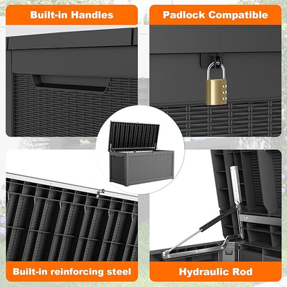 260 Gallon Resin Deck Box, Lockable Patio Outdoor Storage Box for Furniture, Garden Tools and Tools Storage, Waterproof Outside Storage Boxes - Black