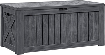 Flamaker Resin Deck Box 120 Gallon Waterproof Large Outdoor Indoor Storage Box Imitation Wood Resin for Patio Furniture Garden Tools and Pool (Gray)
