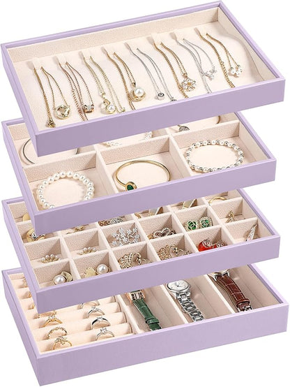 LANDICI Stackable Jewelry Organizer Trays 4 Set, PU Leather Jewelry Organizer