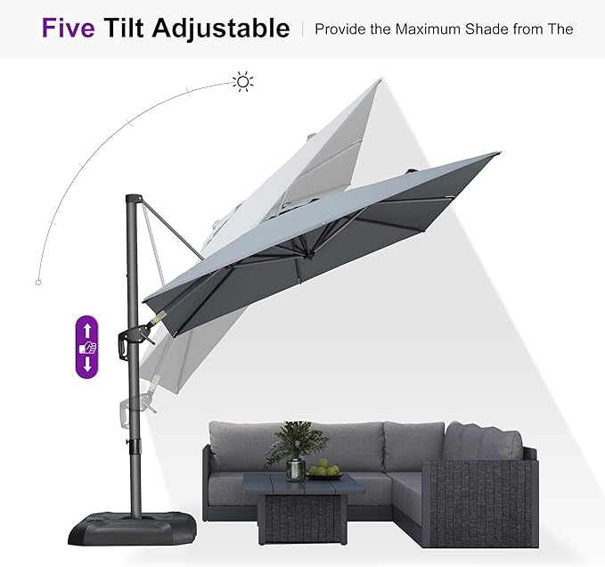 PURPLE LEAF 8 Feet Square Cantilever Umbrella Patio Umbrella with Base Outdoor Umbrella Aluminum Offset with 360-degree Rotation for Garden Deck Pool Patio Light Grey