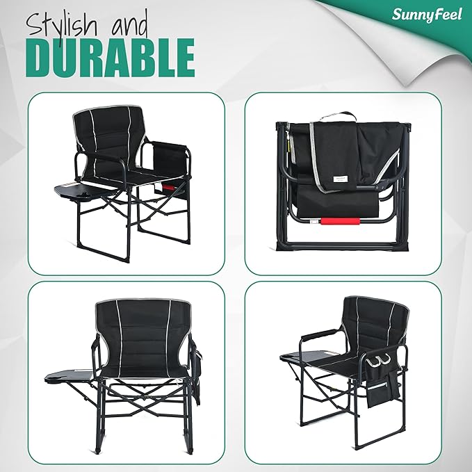 SUNNYFEEL Camping Directors Chair, Heavy Duty,Oversized Portable Folding Chair with Side Table, Pocket for Beach, Fishing,Trip,Picnic,Lawn,Concert Outdoor Foldable Camp Chairs