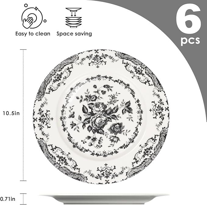 Dinner Plates Set of 6, Ceramic Kitchen Plates Microwave Safe Plates, 10.5 Inch Porcelain Dinner Plates Floral, Black