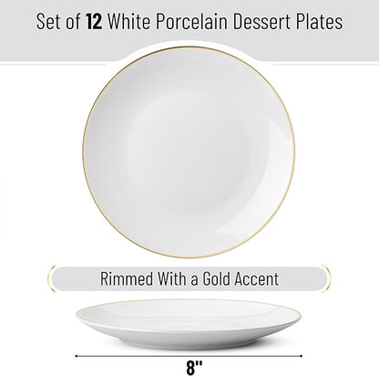 BTaT- White Dessert Plates with Gold Rim, Set of 12, 8", Porcelain, Small Plates for Appetizers
