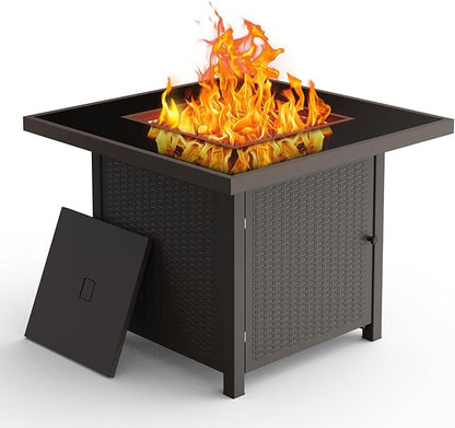 BALI OUTDOORS 32 inch Glass Tabletop Propane Fire Pit Outdoor, 50,000 BTU Propane Fire Pit Table Square, Gas Firepits for Outside Patio, Garden, Brown