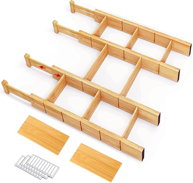Whitmor Adjustable Bamboo Drawer Dividers, Expandable 17"-22" Drawer Organizer