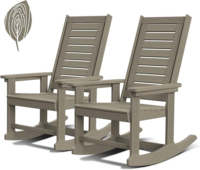 GREENVINES Outdoor Rocking Chairs | Set of 2 | Porch Rocker | HDPE Plastic | Wood Grain | Oversized Rockers | High Back | Big & Tall | Ladder Back | Desert Brown | for Patio Outside