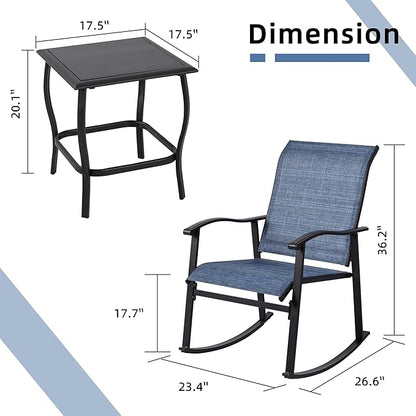 Vongrasig 3 Piece Outdoor Rocking Bistro Set, Textilene Fabric Small Patio Furniture Set, Front Porch Rocker Chairs Conversation Set with Glass Table for Lawn, Garden, Balcony, Poolside (Denim Blue)