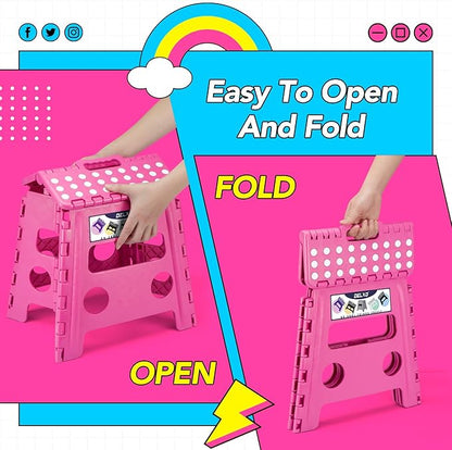 Delxo Folding Step Stool, 13 inch Non-Slip Foldable Stools for Kids & Adults Up to 300 LBS, Step Stool with Handle, Lightweight for Kitchen, Bathroom, Bedroom, Garden, Rose Pink, 1PC