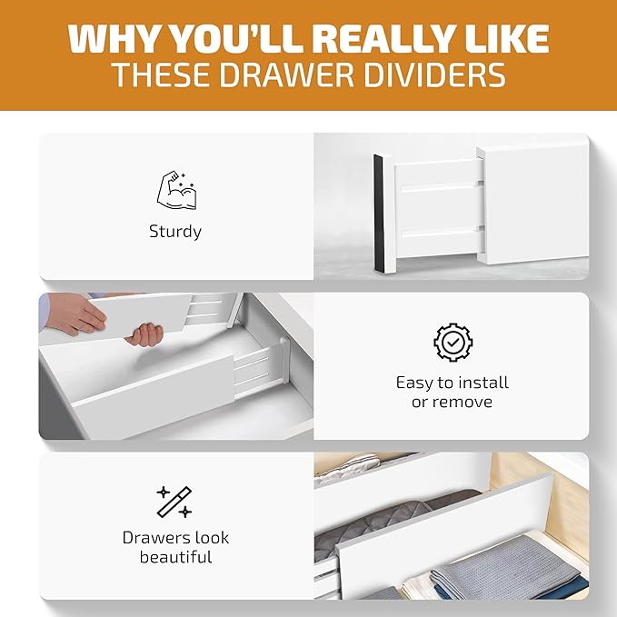 6 Pack Drawer Dividers 6 Inch High, 11”-17" Adjustable Bamboo Organizers Large