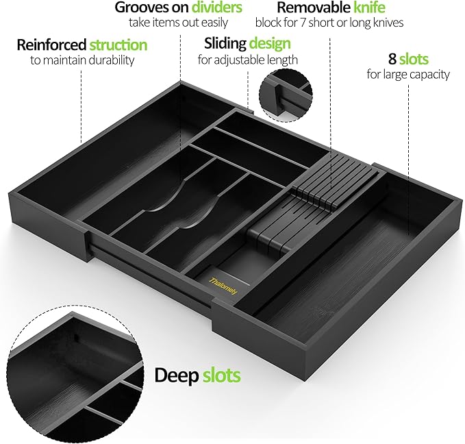Bamboo Kitchen Drawer Organizer, Expandable Silverware Organizer
