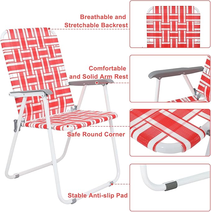 VINGLI Patio Lawn Webbed Folding Chairs Set of 4, Outdoor Beach Chair Portable Dining Chair for ir for Outdoor Yard, Garden(Red, Classic)