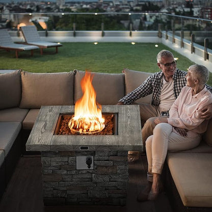 Giantex 34.5" Propane Gas Fire Pit Table - Patio 2-in-1 Outdoor Square Fire Table W/Volcanic Rock & PVC Cover, Stainless Steel Burner, 50,000 BTU Heat Output, Faux Stone Surface, Outside Fireplace