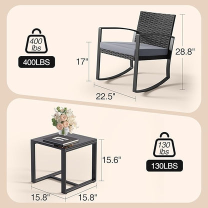 3 Pieces Outdoor Patio Furniture Set Rocking Bistro Set Outdoor Rattan Conversation with Coffee Table for Garden Balcony Backyard Poolside (Grey Cushion)