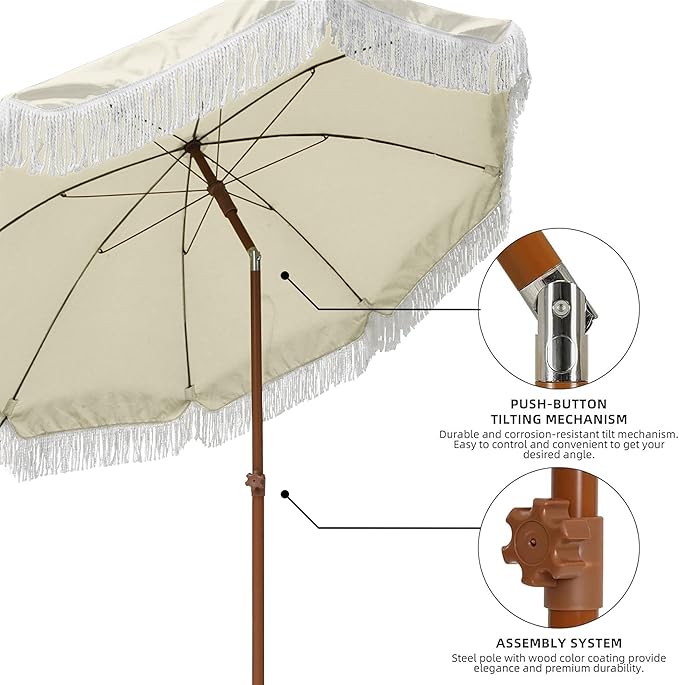 AMMSUN 7ft Patio Umbrella with Fringe Outdoor Tassel Umbrella UPF50+ Premium Steel Pole and Ribs Push Button Tilt, Light Beige