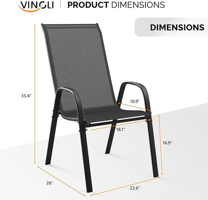 VINGLI Patio Chairs Set of 8 – Stackable Outdoor Dining Chairs with Comfortable Sling High Back Chairs and Armrests for Lawn, Poolside, Courtyard, Balcony, Garden, Black