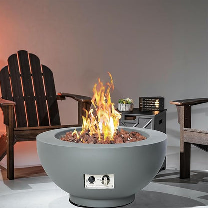 28-Inch Fire Table, 58,000 BTU Oudoor Propane Fire Pit, Patio Round Fire Bowl Gas Firepit with Lid, Lava Rocks, Cover, Pre-Attached 10FT Propane Hose, Gray