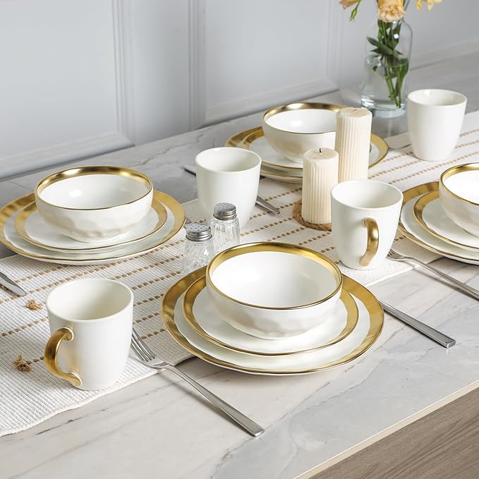 vicrays Ceramic Dinner Plates Set, 10 Inch, Set of 6, Round, Dishwasher Safe, NOT Microwave Safe, Suitable for Steak, Pasta, Home, Party, Restaurant（White with Golden）