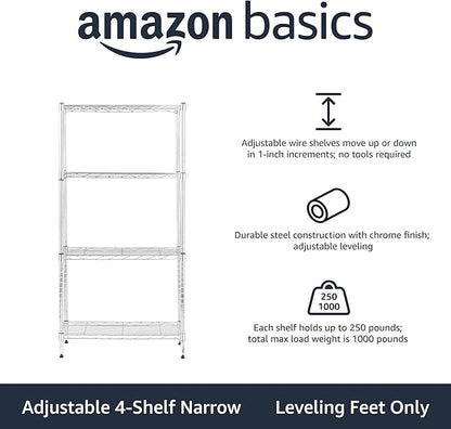 Amazon Basics 4-Shelf Adjustable Storage Shelving Unit for Garage, Steel Wire Rack, 200 Pound Loading Capacity per Shelf, 13.4"D x 23.2"W x 48"H, Chrome