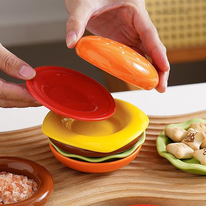 Ceramic Hamburger Plates Set, Stackable Burger 6-Layer Mini Dessert Appetizer Dinner Plates, Novel Tableware Gift (Orange)