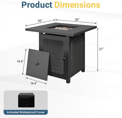 FansaFurn Black Propane Fire Pit Table, 50000 BTU Gas Fire Pits Table with Removable Lid and Lava Rock, Square Fire Table with Cover, 30'', Ideal for Dining or Party on Patio, Garden, Yard
