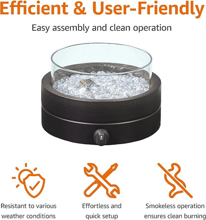 Amazon Basics 14-Inch Round Propane Fire Pit, 9000 BTU Portable Tabletop Fireplace with Glass Stones, Umbrella Hole Compatible for Outdoor Patio Tables & Camping, Brown