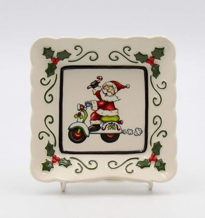 Fine Ceramic Santa Riding Moped Scooter Dessert Appetizer Square Plates Set of 3 (3 pieces Set), 5-1/2"