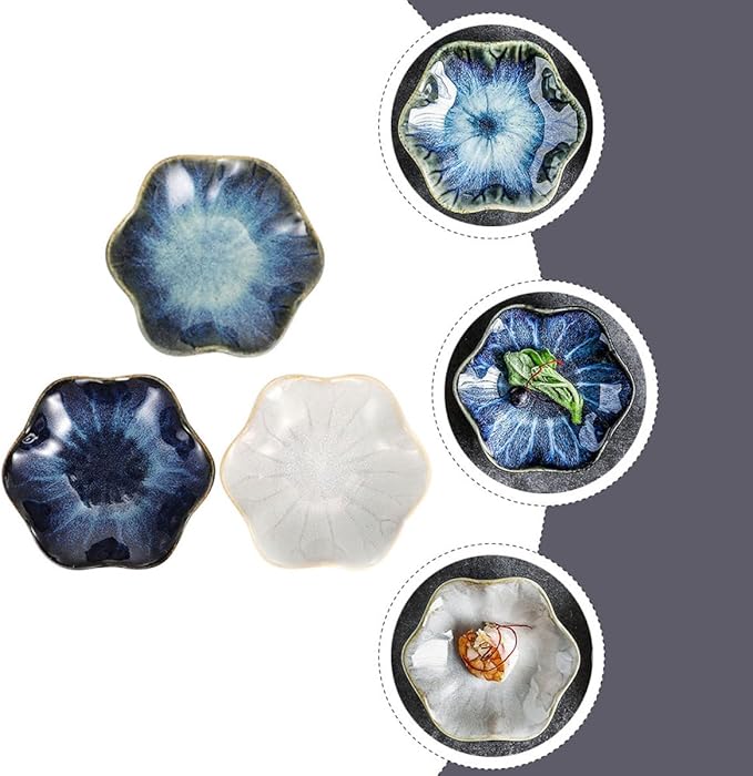 3pcs Ceramic Seasoning Sauce Dishes Set, Small Lotus Leaf Shape Appetizer Plates, Gradient Blue, Original Straw, Vintage White Porcelain for Kitchen and Dining Random Color
