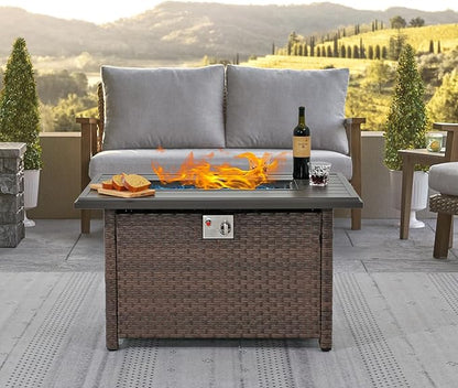 SUNSITT Outdoor Fire Pit Table 43 Inch Wicker Propane Fire Pit with Aluminum Tabletop 50,000 BTU Gas Firepit with Fire Glass, Lid, Cover, Brown Rattan