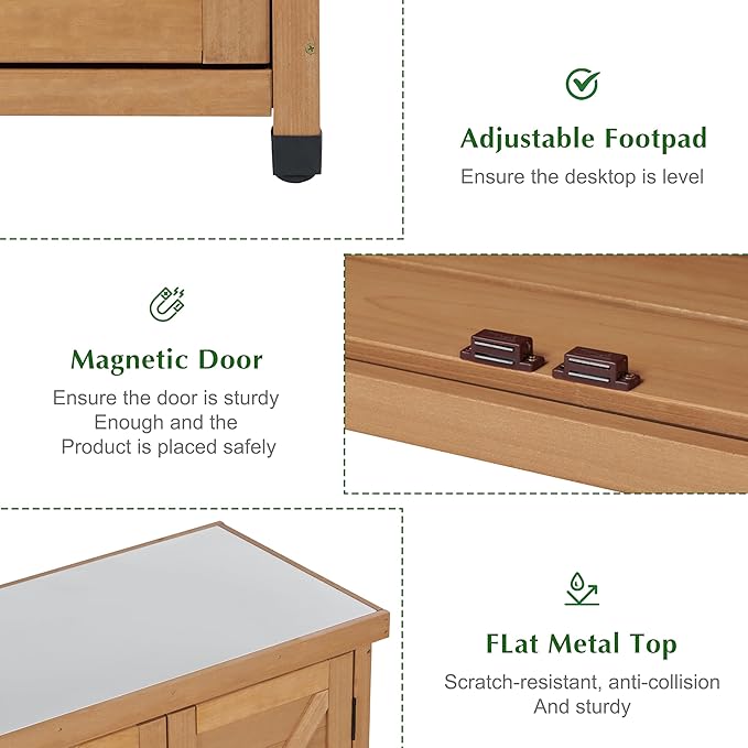 Outdoor Storage Cabinet & Potting Bench Table with Metal Top, Wooden Patio Furniture, Garden Workstation (Light Brwon, 36x31x17in)