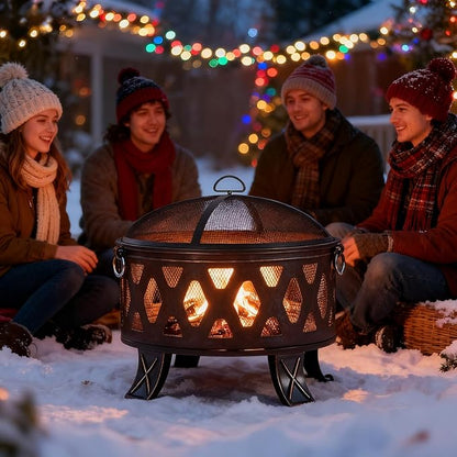 Breezz 26 Inch Wood Burning Fire Pit with Cooking Grill and Spark Screen, Outdoor Metal Round Firepit for Patio, Backyard, Bonfire Party, Camping and Garden