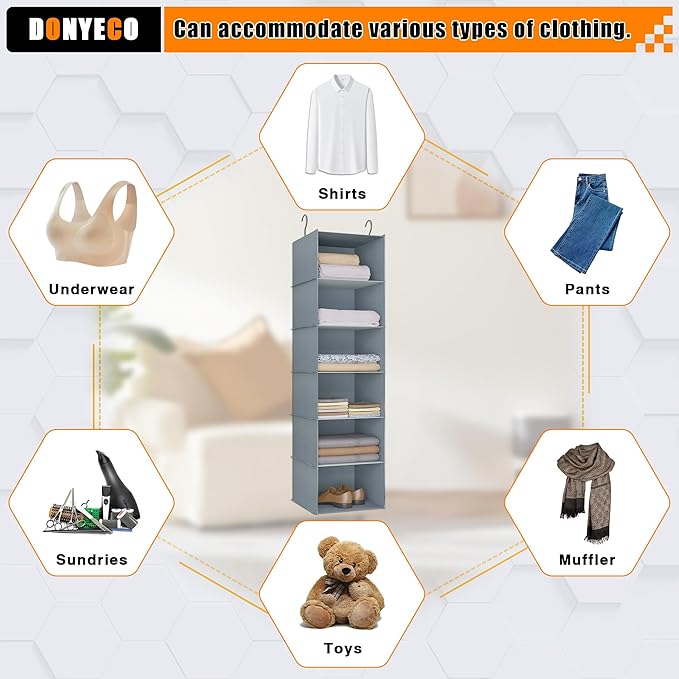 Hanging Closet Organizer and Storage 6-Shelf, Easy Mount Foldable Hanging