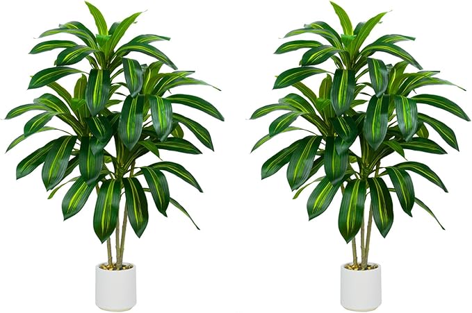 2 Pack Artificial Dracaena Tree-4FT Fake Plants with White Planter-Artificial Plants Indoor Floor Plant in Pot-Tropical Fake Yucca Potted Tree for Home Office Living Room Decor