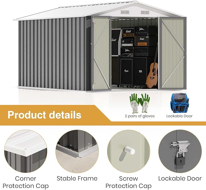 Patiowell 12 x 8 FT Outdoor Storage Shed, Steel Shed Storage House with Design of Lockable Doors, Utility and Tool Storage for Garden, Patio, Backyard, Outside use, Gray