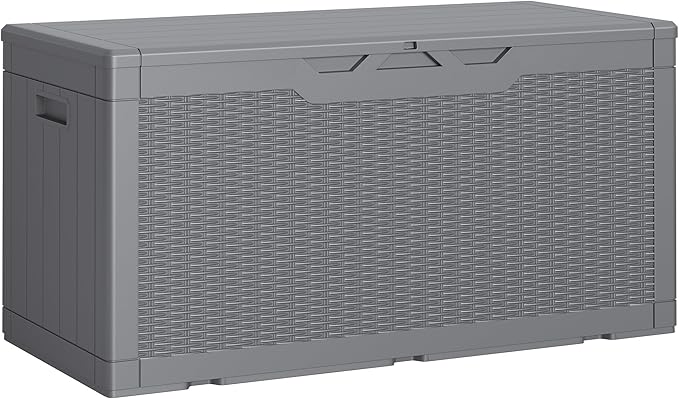 Greesum Outdoor Storage Box 100 Gallon Storage Bin with Lid for Patio Furniture, Garden Tools, Pool Supplies, Lockable, Waterproof and UV Resistant, Gray