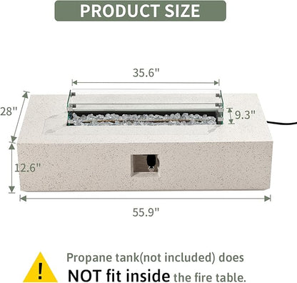 COSIEST Outdoor Propane Fire Pit Table, 56" x 28" Rectangle Terrazzo White Concrete-Like Finish, Certified, 50,000 BTU Stainless Steel Burner w Transparent Gray Fire Glass, Wind Guard, Raincover