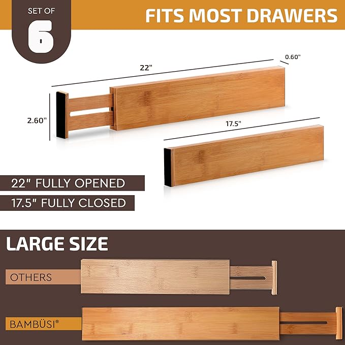 6 Pack Bamboo Drawer Dividers