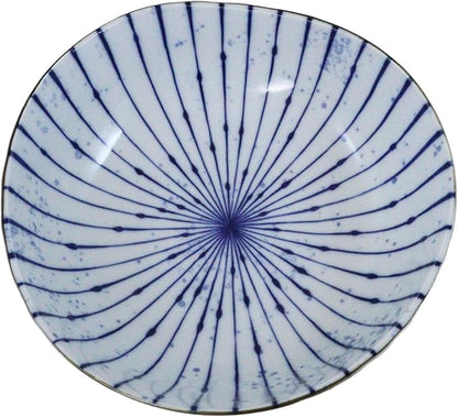 Ebros Gift Artistic Blue Waves Fubuki Tokusa Made In Japan Dinnerware Serveware Kitchenware Set Asian Japanese Restaurant Supply (Pack Of 4 Round Flair Medium Shallow Bowls 44oz)
