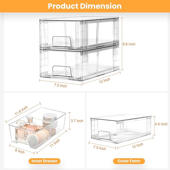 2 Pack Stackable Storage Drawers, Plastic Organizers Bins, Drawers Storage