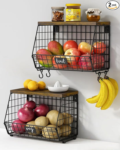 Hanging Wall Fruit Basket for Kitchen Counter 2 Pack, Stackable Wire Baskets