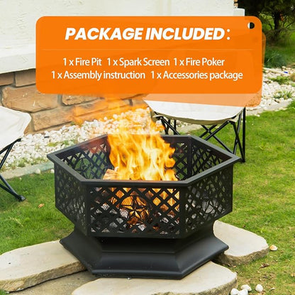 Panovue 28 Inch Hex-Shaped Fire Pit,Wood Burning Fire Pits for Outside with Spark Screen&Poker,Metal Hexagon Outdoor Firepit for Backyard,Bonfire,Patio,Party,Garden,Picnic and Camping(28'' Black)