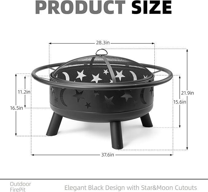 Grovelli 38" Round Wood Burning Fire Pit with Mesh Cover, Fire Poker, Star & Moon Cutouts, Metal Outdoor Firepit for Patio, Backyard, Garden, Bonfire, Camping, Christmas, Thanksgiving, Halloween