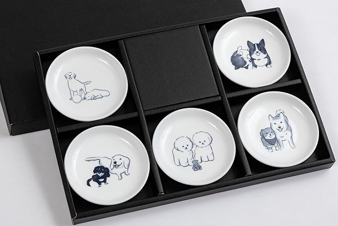 Cute dogs plates,Japense dish Mino ware,Blue glaze,Sushi Soy source dish Set of 5