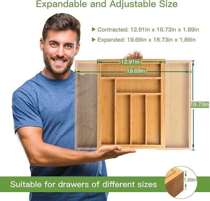 Pipishell Bamboo Expandable Silverware Drawer Organizer, Adjustable Kitchen